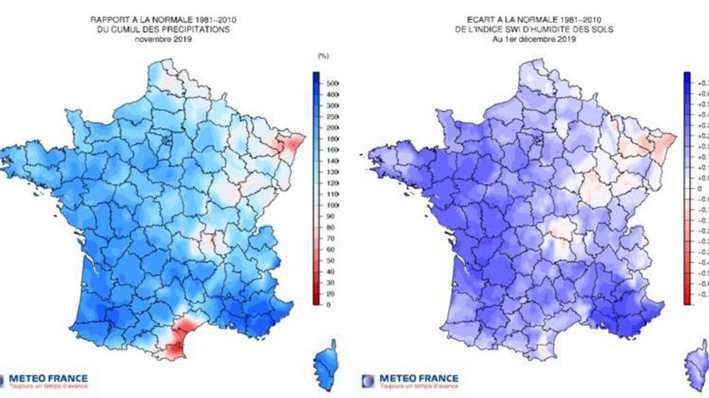 À gauche : rapport à la normale 1981-2010 du cumul des précipitations en novembre 2019. À droite : écart à la normale 1981-2010 de l’indice SWI d’humidité des sols au 1er décembre 2019. © Météo-France